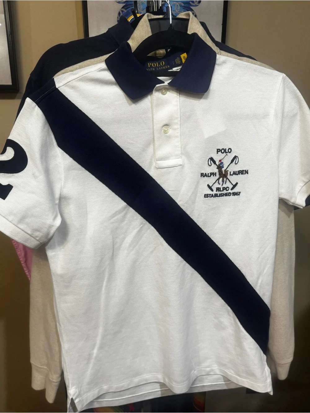 Polo by Ralph Lauren White Polo with Navy Diagonal Stripe and Number